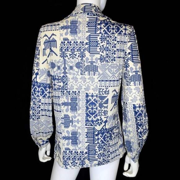 Vintage Devon 70s Atomic Funky Geometric Op-Art Disco Mod Polyester Shirt Small - Picture 3 of 4